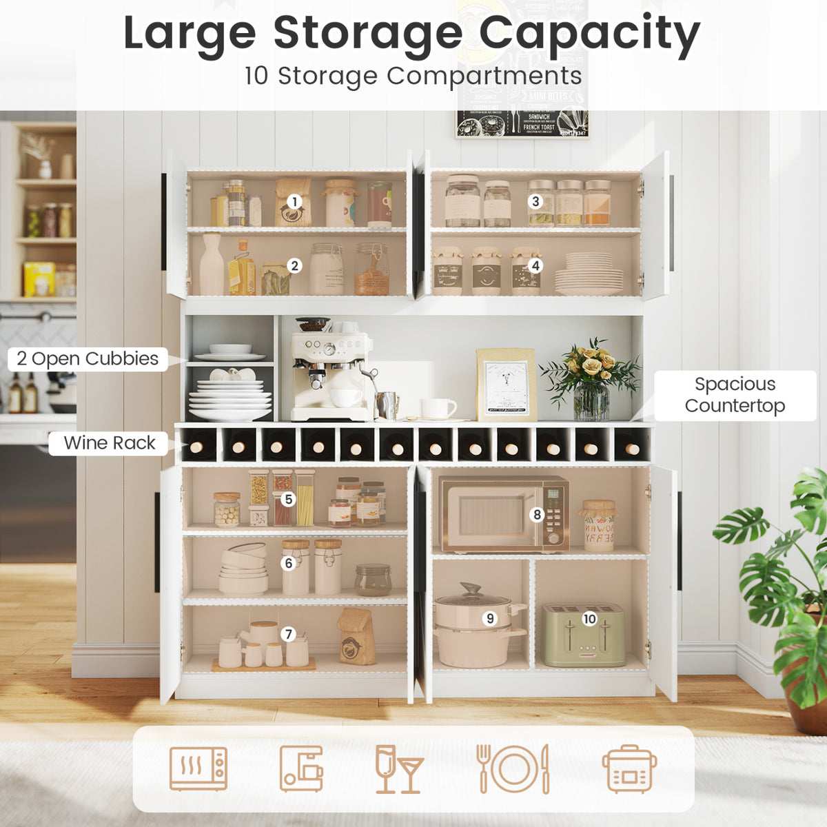 70 Inch Farmhouse Pantry Cabinet Kitchen Buffet Hutch with 4 Cabinets and 2 Open Shelves-White