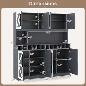 70 Inch Farmhouse Pantry Cabinet Kitchen Buffet Hutch with 4 Cabinets and 2 Open Shelves-Dark Gray