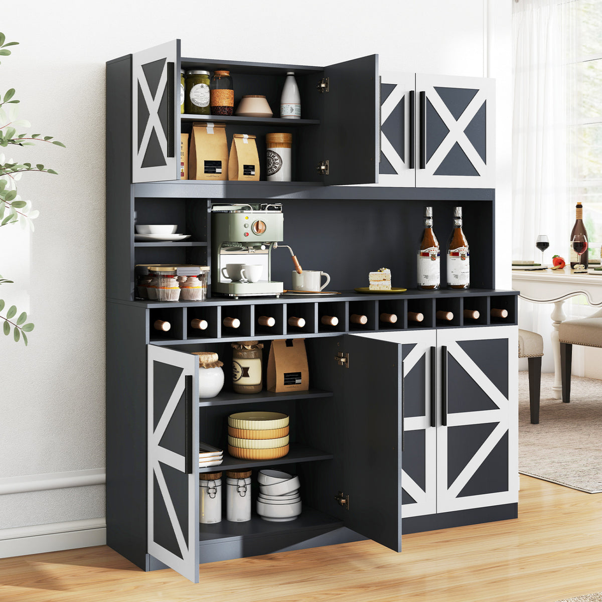 70 Inch Farmhouse Pantry Cabinet Kitchen Buffet Hutch with 4 Cabinets and 2 Open Shelves-Dark Gray