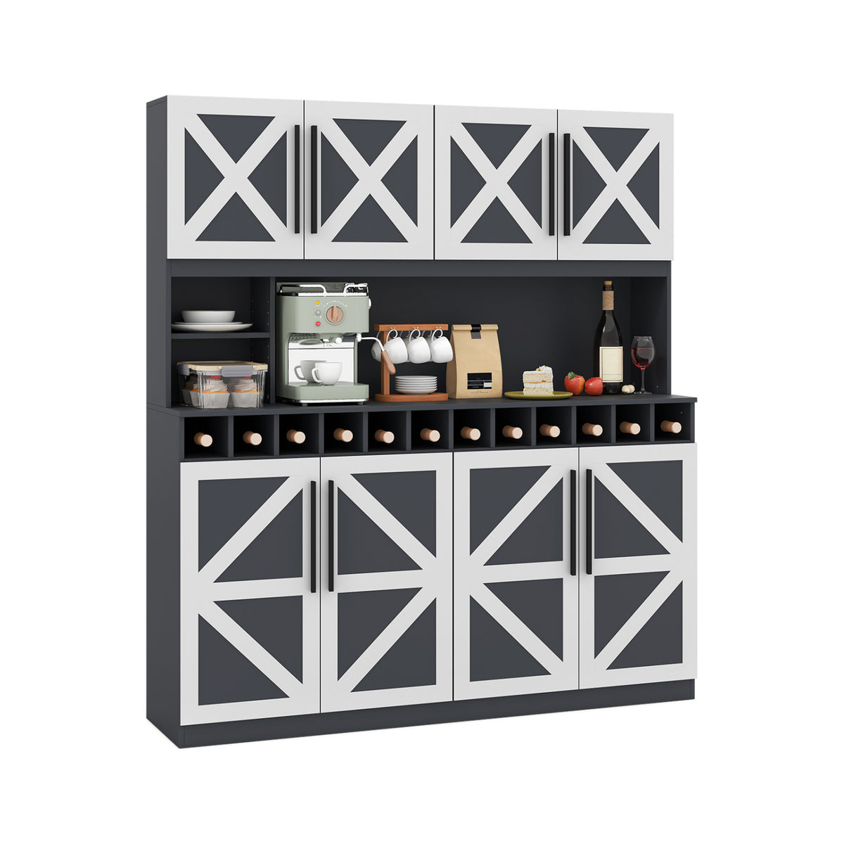 70 Inch Farmhouse Pantry Cabinet Kitchen Buffet Hutch with 4 Cabinets and 2 Open Shelves-Dark Gray