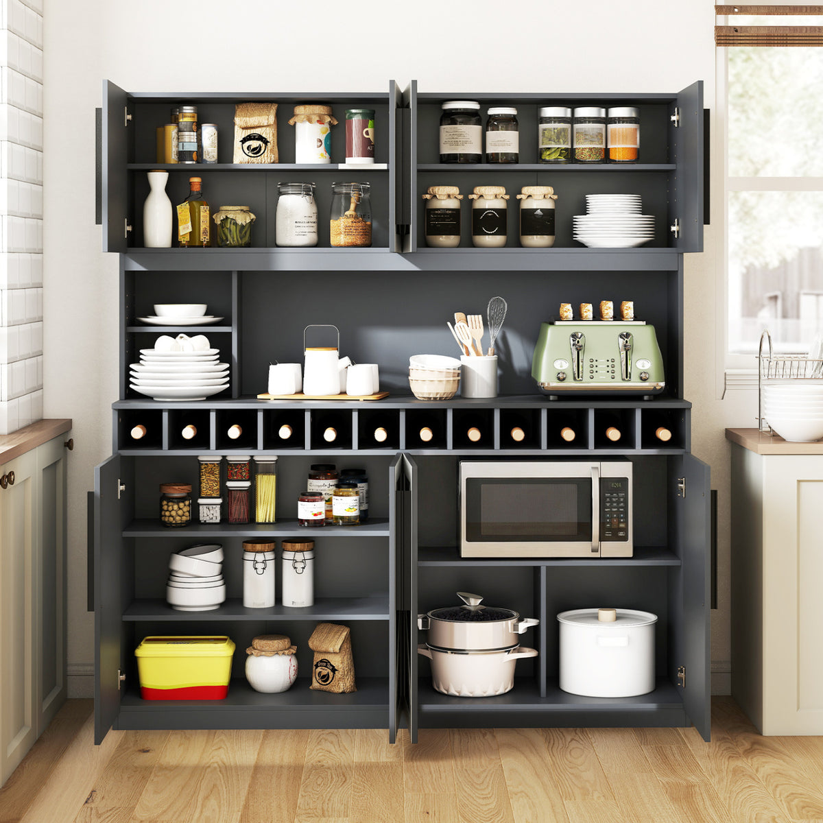 70 Inch Farmhouse Pantry Cabinet Kitchen Buffet Hutch with 4 Cabinets and 2 Open Shelves-Dark Gray