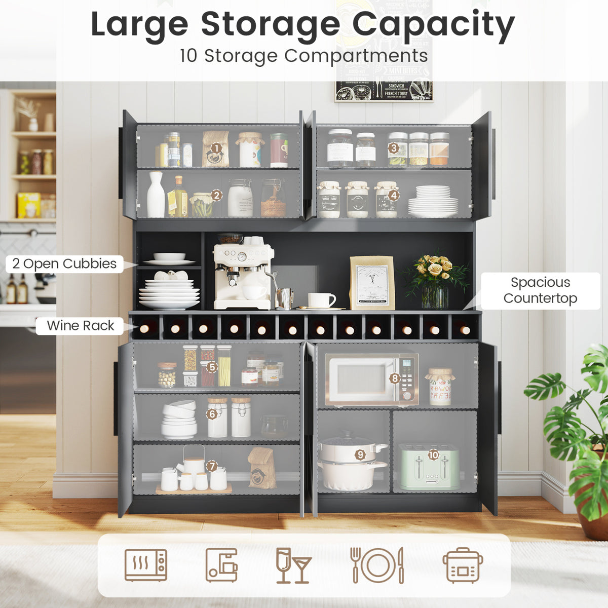 70 Inch Farmhouse Pantry Cabinet Kitchen Buffet Hutch with 4 Cabinets and 2 Open Shelves-Dark Gray