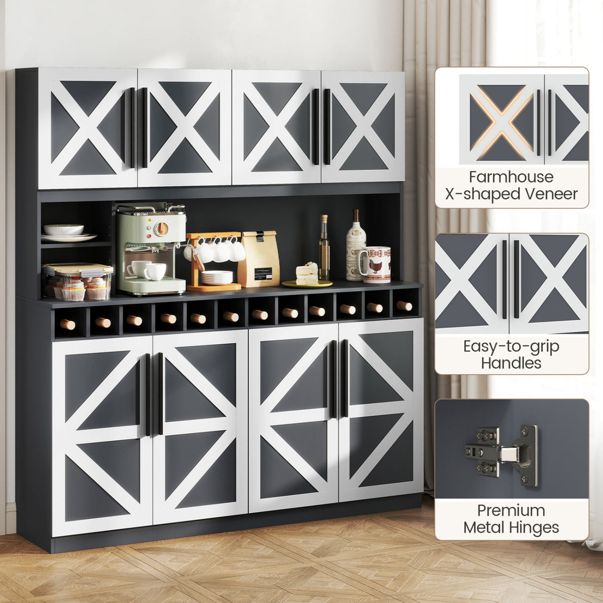 70 Inch Farmhouse Pantry Cabinet Kitchen Buffet Hutch with 4 Cabinets and 2 Open Shelves-Dark Gray