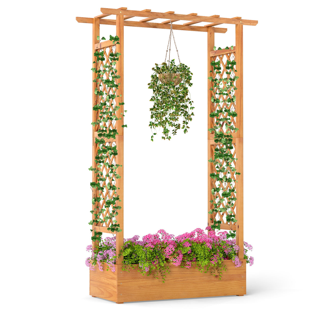 70 Inch Wooden Raised Garden Bed with Lattice Trellis-Natural