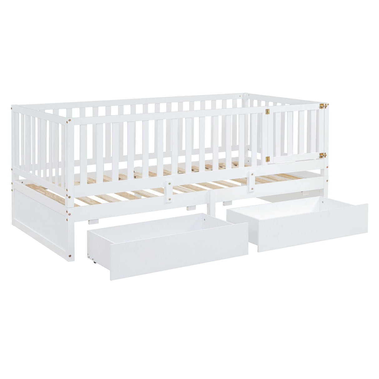 Daybed With Fence Guardrails And 2 Drawers, Split Into Independent Floor Bed & Daybed by Couch.com