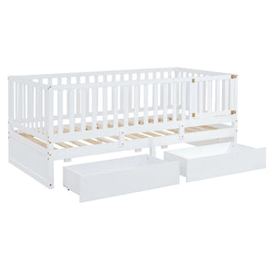 Daybed With Fence Guardrails And 2 Drawers, Split Into Independent Floor Bed & Daybed by Couch.com