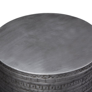 Johnsen 15 Inch Wide Tribal Pattern Metal Accent Table in Antique Silver
