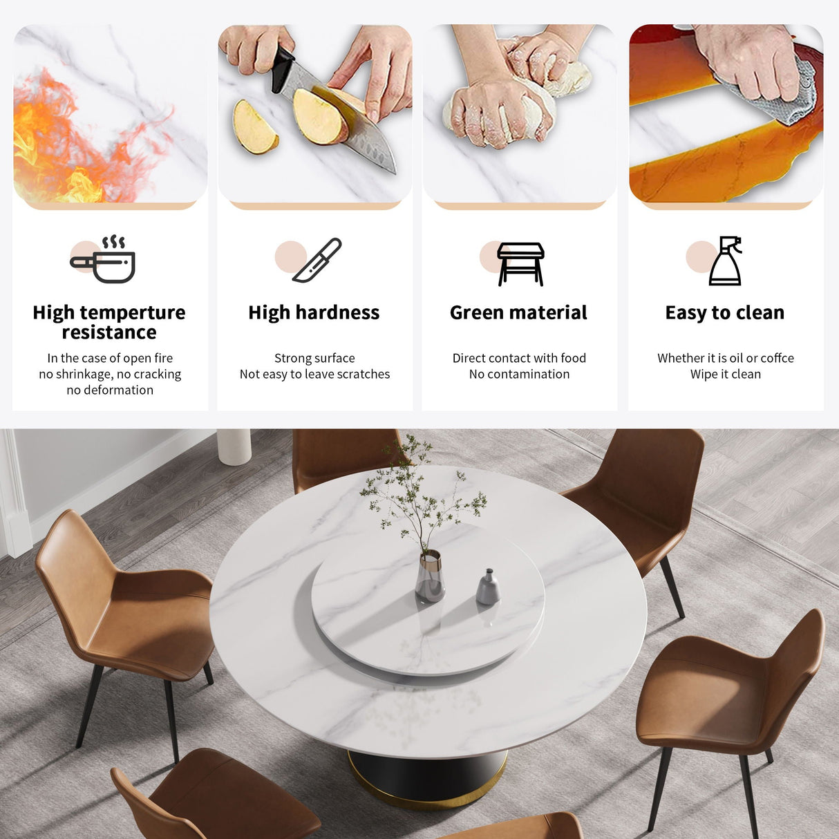 Modern Artificial Stone Round Carbon Steel Base Dining Table Stone Turntable by Couch.com