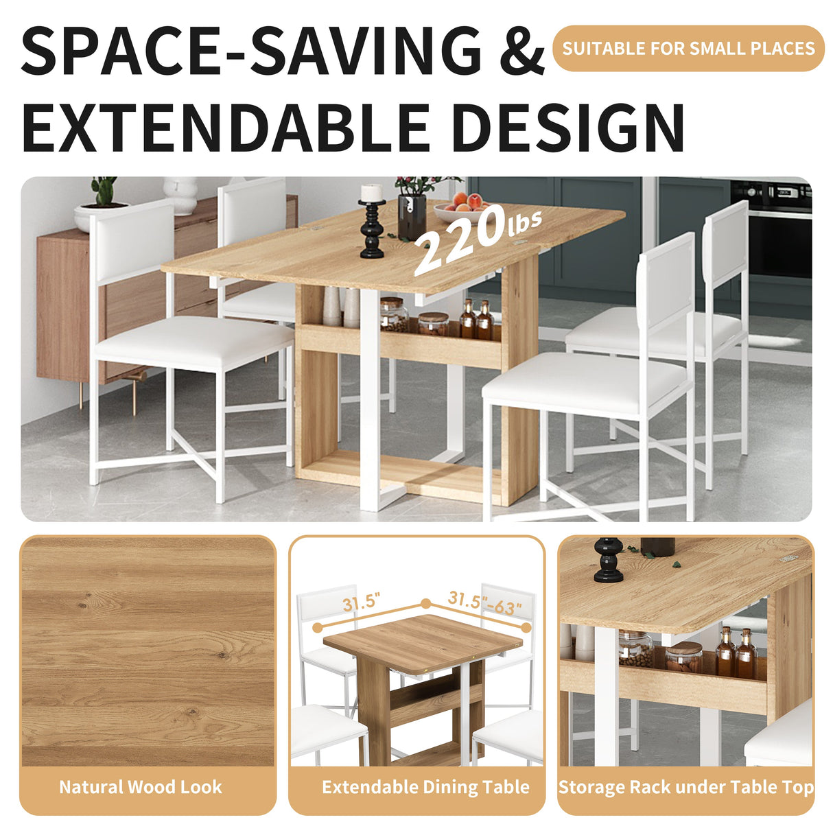 TOPMAX Modern Compact 63-inch 5-Piece Extendable Dining Table Set