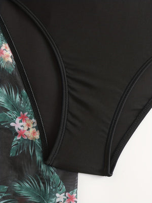 Bikini 3 Piece Tropical Print Swimsuit Set – High Stretch Comfortable Women's Bikini with Crew Neck Mesh Cover-Up – Chic Vacation Beachwear for Summer Casual Style & Poolside Glamour