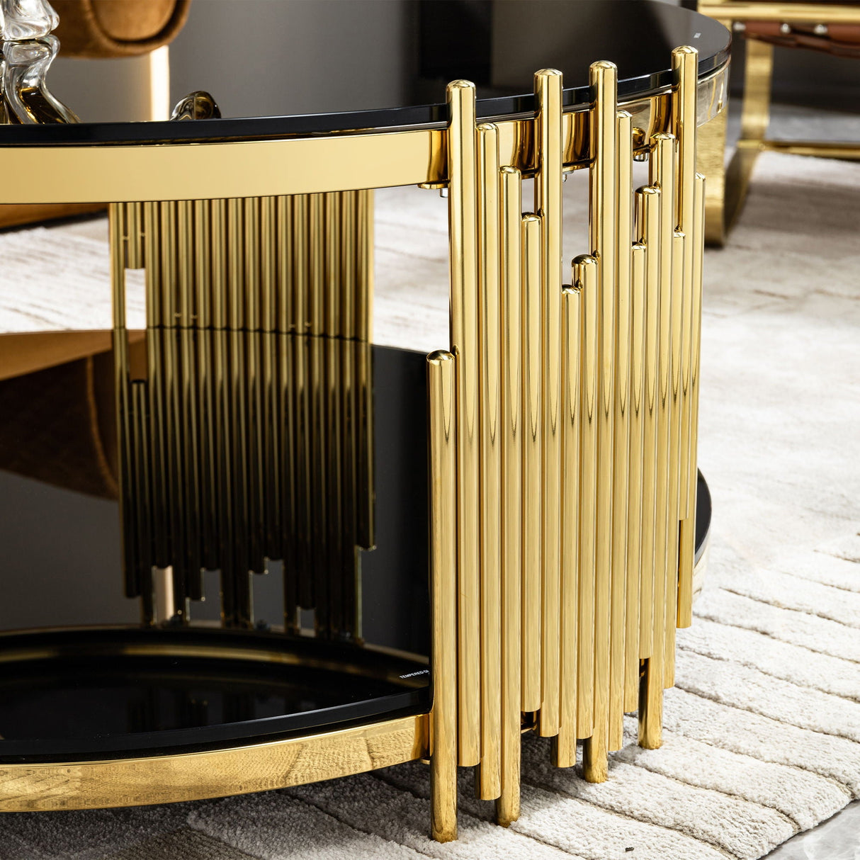 Double Layer Tempered Glass Top Stainless Steel Round Coffee Table For Living Room - Gold / Black by Couch.com