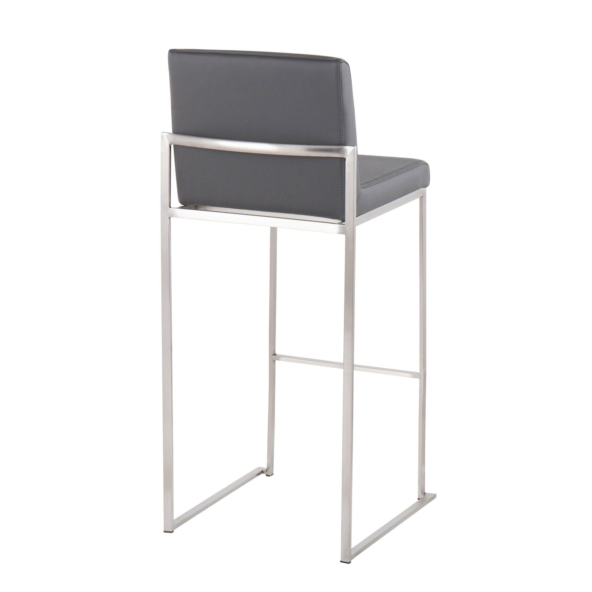 The Fuji - Contemporary And Modern Elegance High Back Barstool features a gray cushioned seat and backrest, a sleek brushed silver metal frame and legs, minimalist design, and is shown from an angled back view.