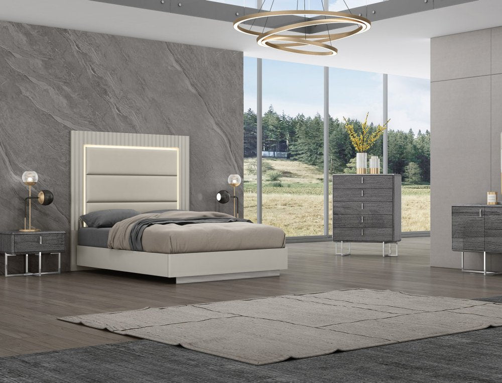 Gray Inlaid Panels Wood And Faux Leather Lighted Upholstered Queen Bed Frame