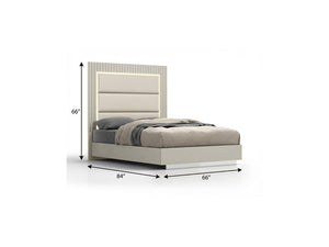 Gray Inlaid Panels Wood And Faux Leather Lighted Upholstered Queen Bed Frame