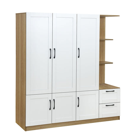A modern wooden wardrobe featuring three tall white doors with black handles on the left, open shelves, and two drawers on the right. The frame has a natural wood finish. Product Name: 3 Door Storage Wardrobe For Bedroom With Shelves And 2 Drawers, Side Storage Shelves.
