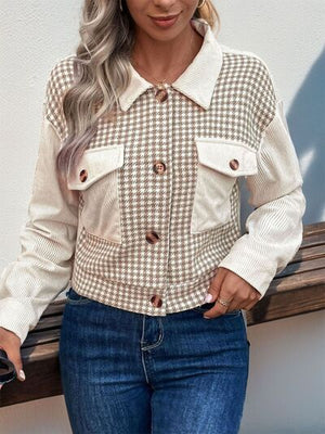 Women's Houndstooth Button-Up Long Sleeve Jacket – Chic & Pocketed Lightweight Outerwear