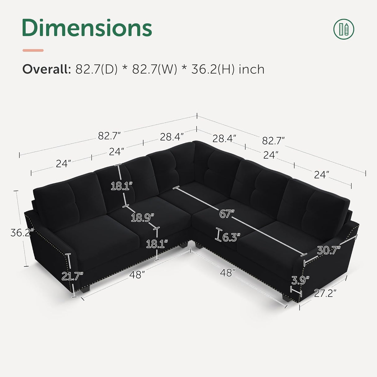 A diagram of the HONBAY Convertible Sectional Reversible Apartment in black is shown with dimensions labeled. The sofa is L-shaped, with each section measuring 82.7 inches in depth and width. Heights, seating depths, and specific part measurements are also included in inches.