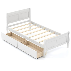 Twin Size Sleigh Bed with 2 Storage Drawers Wood Platform Bed Frame-White