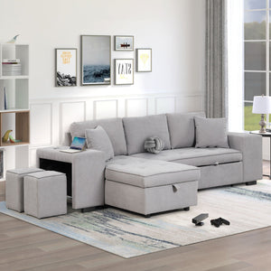 Pull Out Sleeper Sofa Reversible L-Shape 3 Seat Sectional Couch With Storage Chaise And 2 Stools For Living Room Furniture Set - Gray by Couch.com