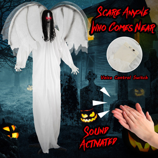 6 Feet Halloween Animatronic Standing Girl Holding Book with Sound-Activated Light-up Eyes and Moving Arms & Head