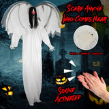 6 Feet Halloween Animatronic Standing Girl Holding Book with Sound-Activated Light-up Eyes and Moving Arms & Head