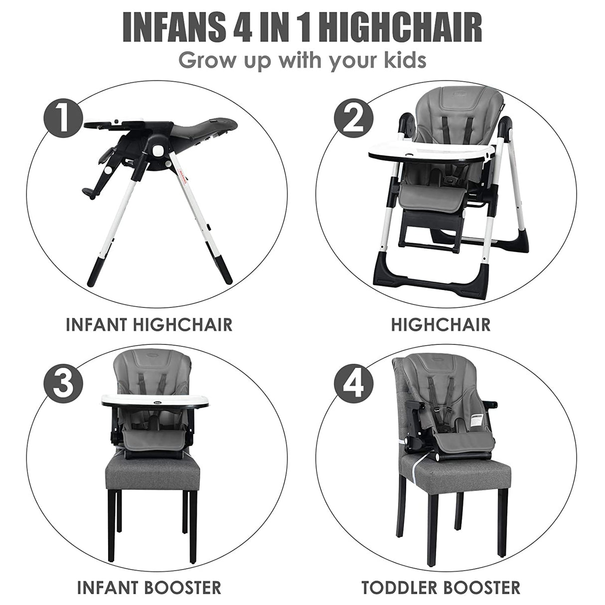4-in-1 High Chair “Booster Seat with Adjustable Height and Recline-Gray