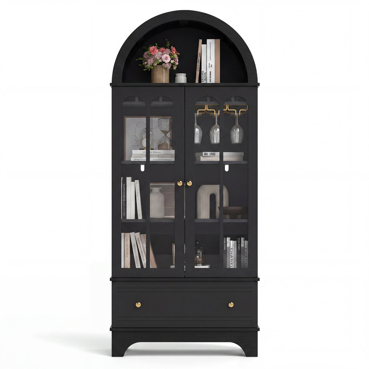 71.5 Inch Arched Cabinet 5-Tier with Tempered Glass Doors and Wine Rack-Black