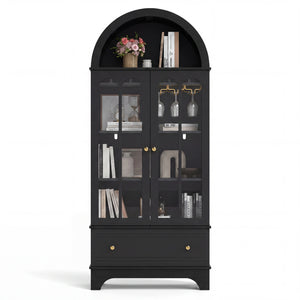71.5 Inch Arched Cabinet 5-Tier with Tempered Glass Doors and Wine Rack-Black