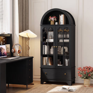 71.5 Inch Arched Cabinet 5-Tier with Tempered Glass Doors and Wine Rack-Black