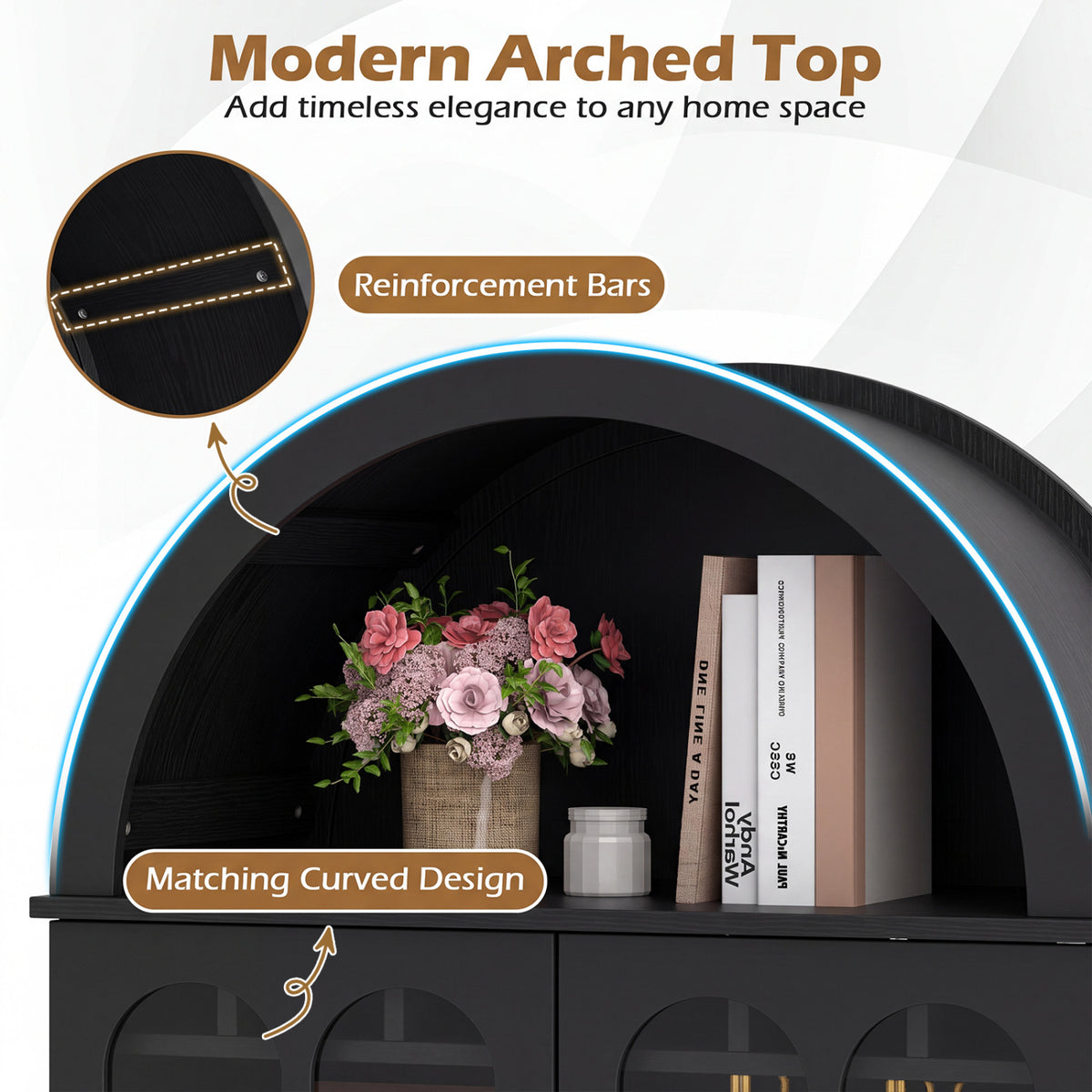 71.5 Inch Arched Cabinet 5-Tier with Tempered Glass Doors and Wine Rack-Black