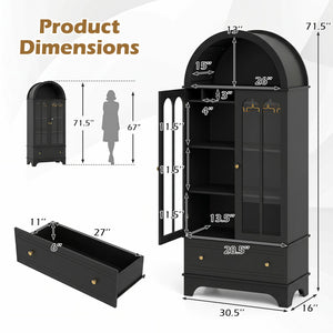 71.5 Inch Arched Cabinet 5-Tier with Tempered Glass Doors and Wine Rack-Black