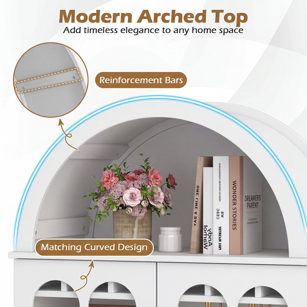 71.5 Inch Arched Cabinet 5-Tier with Tempered Glass Doors and Wine Rack-White