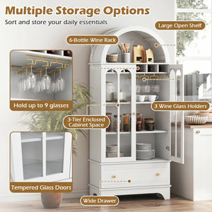 71.5 Inch Arched Cabinet 5-Tier with Tempered Glass Doors and Wine Rack-White