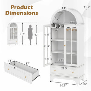 71.5 Inch Arched Cabinet 5-Tier with Tempered Glass Doors and Wine Rack-White