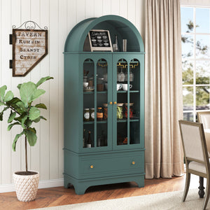 71.5 Inch Arched Cabinet 5-Tier with Tempered Glass Doors and Wine Rack-Green
