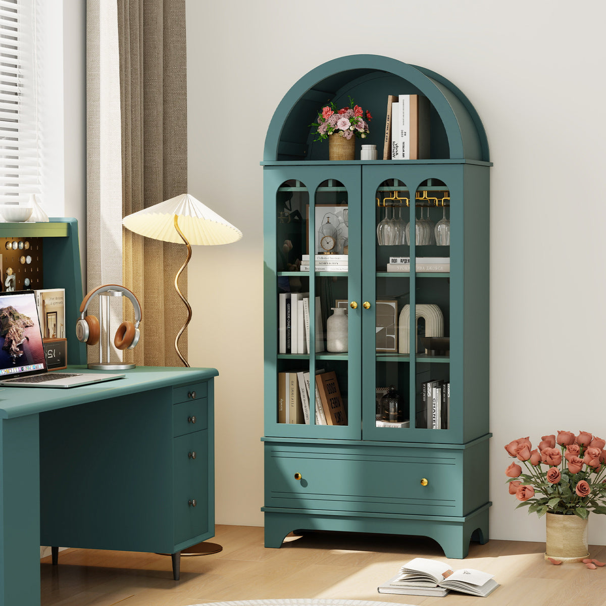 71.5 Inch Arched Cabinet 5-Tier with Tempered Glass Doors and Wine Rack-Green