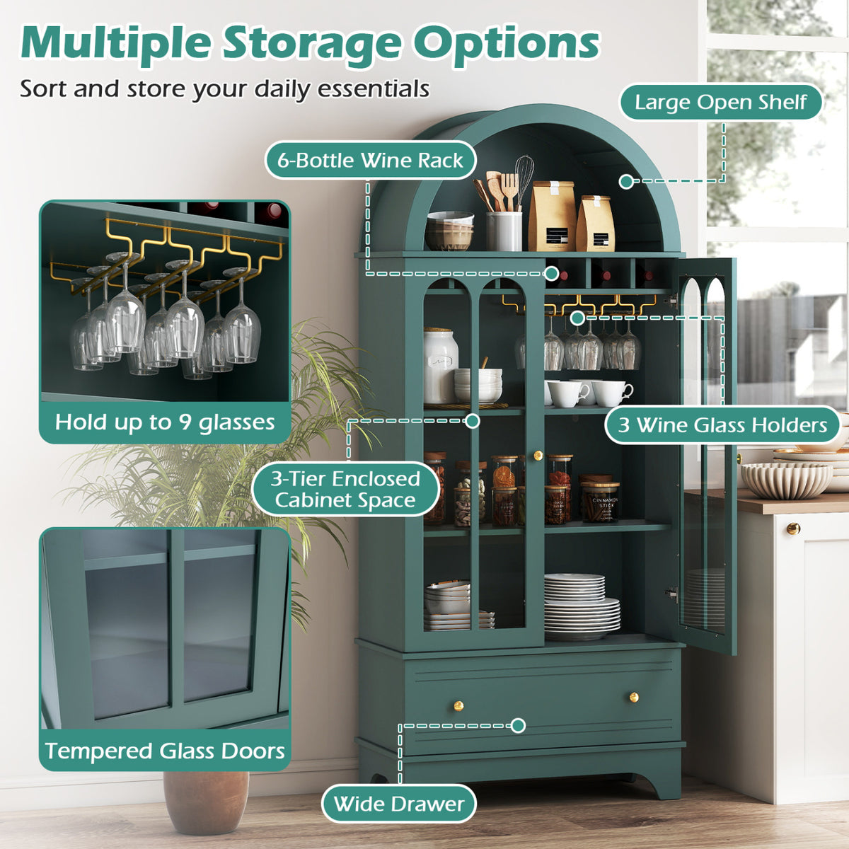 71.5 Inch Arched Cabinet 5-Tier with Tempered Glass Doors and Wine Rack-Green