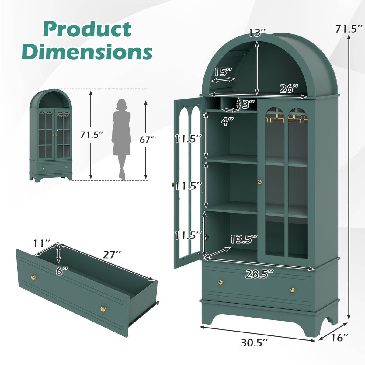 71.5 Inch Arched Cabinet 5-Tier with Tempered Glass Doors and Wine Rack-Green