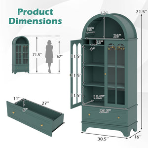 71.5 Inch Arched Cabinet 5-Tier with Tempered Glass Doors and Wine Rack-Green