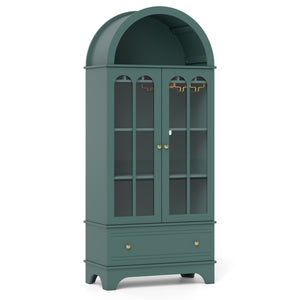 71.5 Inch Arched Cabinet 5-Tier with Tempered Glass Doors and Wine Rack-Green