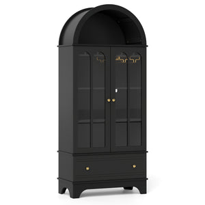 71.5 Inch Arched Cabinet 5-Tier with Tempered Glass Doors and Wine Rack-Black