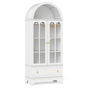71.5 Inch Arched Cabinet 5-Tier with Tempered Glass Doors and Wine Rack-White