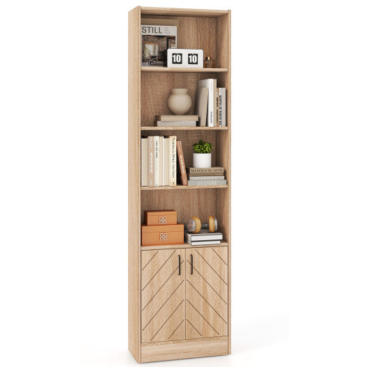 71 Inch 6-Tier Tall Bookshelf with Double Doors 4 Open Cubes-Oak