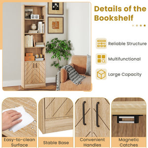 71 Inch 6-Tier Tall Bookshelf with Double Doors 4 Open Cubes-Oak