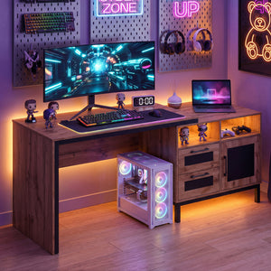 71-Inch Computer Table with Open Compartments and Drawers-Natural