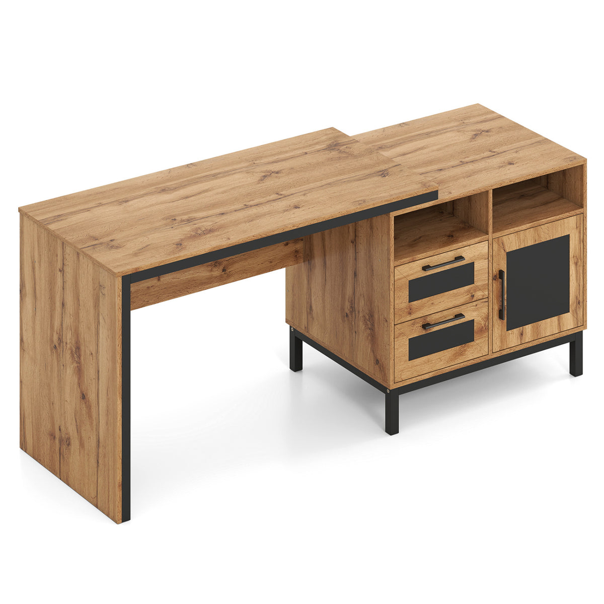 71-Inch Computer Table with Open Compartments and Drawers-Natural