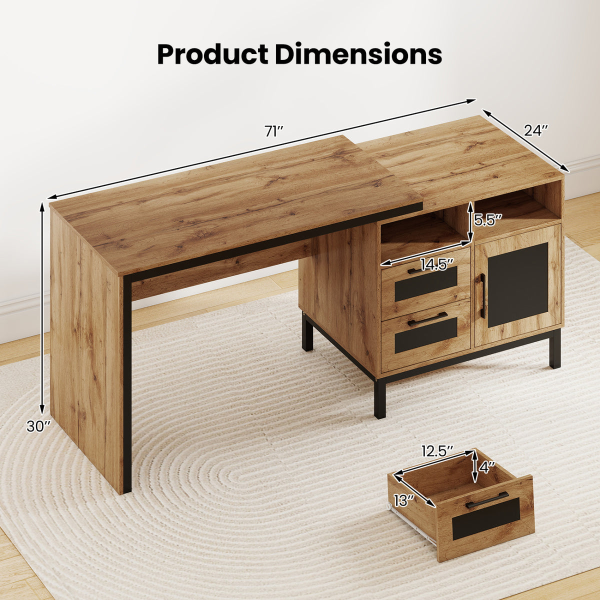 71-Inch Computer Table with Open Compartments and Drawers-Natural