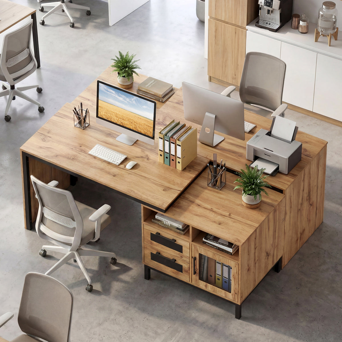 71-Inch Computer Table with Open Compartments and Drawers-Natural