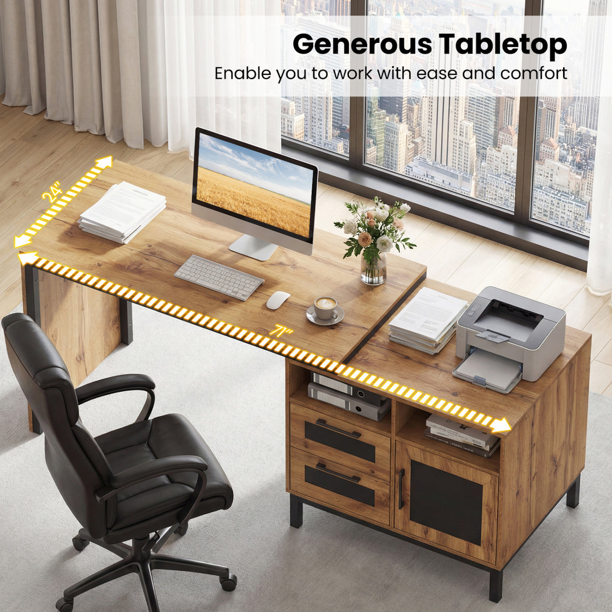 71-Inch Computer Table with Open Compartments and Drawers-Natural