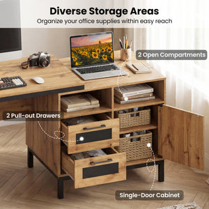 71-Inch Computer Table with Open Compartments and Drawers-Natural